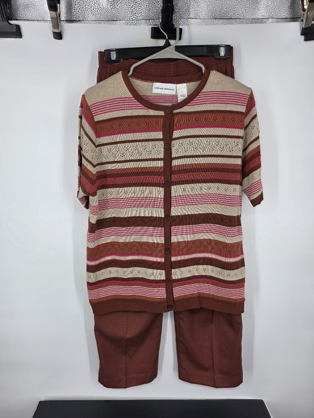 Vintage Alfred Dunner Knit Pants Set S 8 Grandmacore Stripe Cardigan Brown
